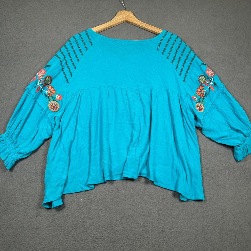 Easel Top Womens M Turquoise Blue Embroidered Boho Tassel Peasant Blouse ET20348 - Picture 2 of 7